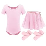 Kinder Mädchen Ballettkleidung Baumwolle Kurzarm Balletttrikot Turnanzug Tanzbody + Chiffon...