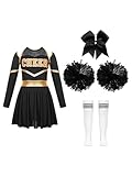 Jowowha Mädchen Cheer Leader Cheerleading Kostüm Langarm Crop Tops mit Rock Pompoms Socken...