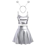 IMEKIS Damen Space Girl Alien Kostüm Karneval Glänzendes Metallisch Crop Top mit Minirock Alien...