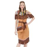 WELLCHY Indianer Kostüm Damen, Kostüm Indianerin Kleid Lang mit Tasche und Stirnband,...