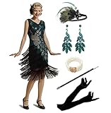 MIMIKRY 20er Jahre Flapper Pfau Damen Kostüm Grün Fransen-Kleid mit Pailletten und 5-TLG....