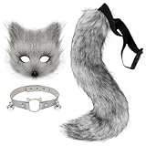 hbbhml Pelzige Katze Fuchs Maske Wolf Schwanz Karneval Halloween Party Cosplay Kostüm Leder Hals...