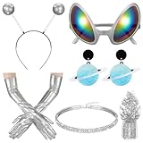 Chunyin 6 Stück Mardi Gras Alien Accessoires inklusive Alien Ball Bopper Stirnband Silberne Lange...