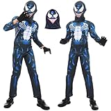 Poywuo Kinder Superheld Kostüm Verkleidung mit Maske für Halloween Karneval,Schwarz&Blau,M/122-128