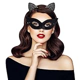 EQLEF Catwoman maske und katzenohren haarreif Set, Schwarze Katzenaugenmaske mit elastischer Schnur...