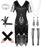 20er Jahre Kleid Roaring 20s Charleston Kleid, Flapper Kleid mit Dünn Ärmel Pailletten Perlen...