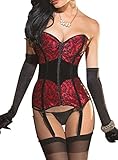 KUOSE Damen Burleske Body Shaper Mieder Vollbrust Corsage Top mit Strapshalter, schwarz/rot,XL