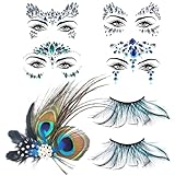 Huahuanghui Pfau Kostüm Damen,Pfauenfedern Haarschmuck+Bunte Pfauenfedern Wimpern+4 PCS...