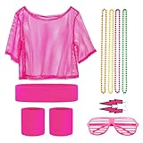 CHEVVY 80er Jahre Outfit Damen 80er Neon Netz Shirt Stirnband Armband Ohrringe Halskette 80er Jahre...