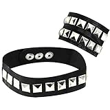 com-four® 2-teiliges Set Armband und Halsband mit Pyramidennieten in Lederoptik, Rocker, Biker,...